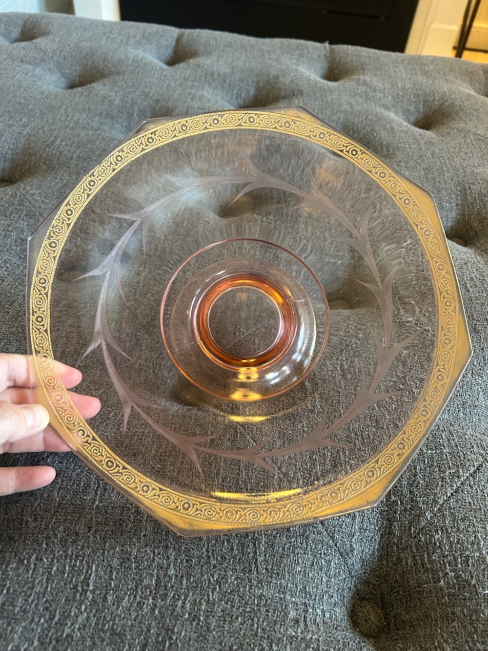 Elegant Gold-Trim Amber Glass Centerpiece Bowl - depression glass
